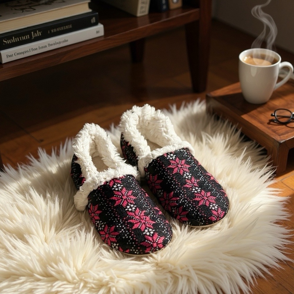 Christmas TOMS red/black snowflake fur lined slippers size 5.5-6 EUR 36 festive